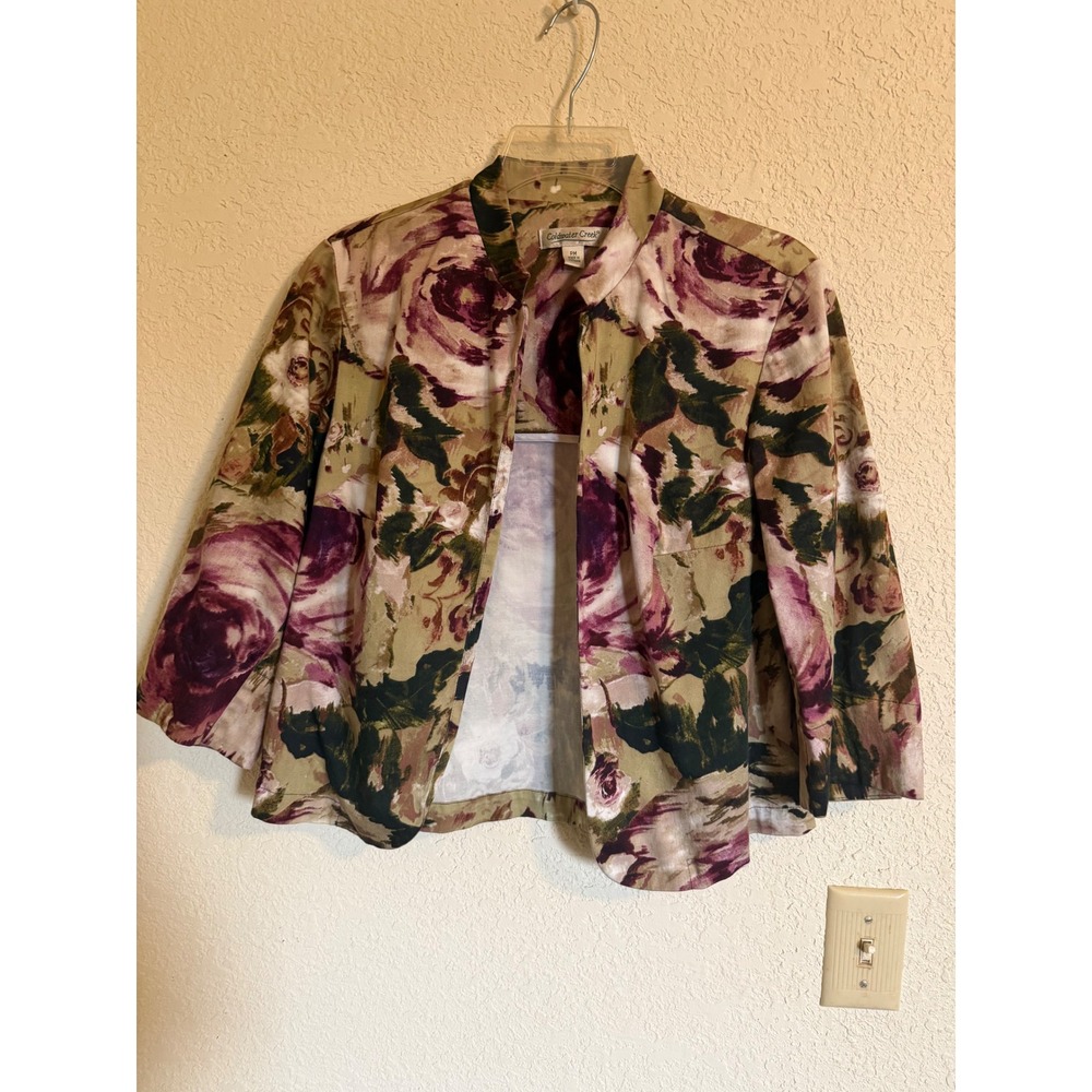 Coldwater Creek Petite Medium Floral Open Front Jacket Mock Neck 3/4 Sleeve Plum